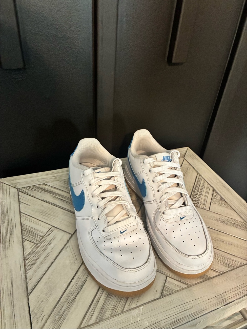 Nike White Air Force 1 with Light Blue Swoosh